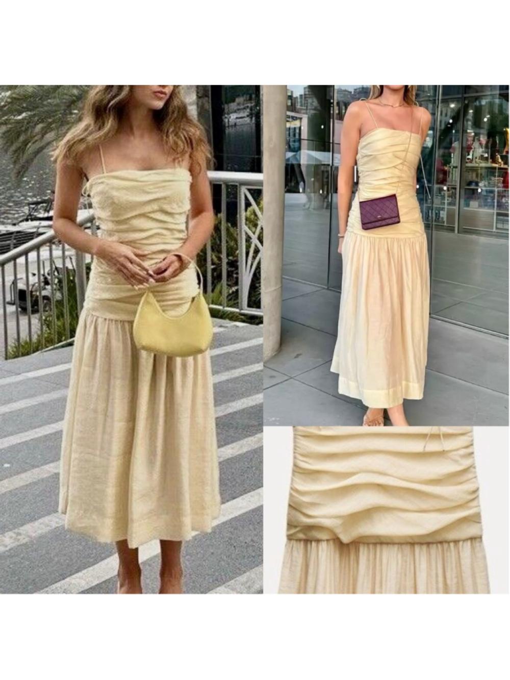 Zara Pale Yellow Ruched Strapless Midi Dress